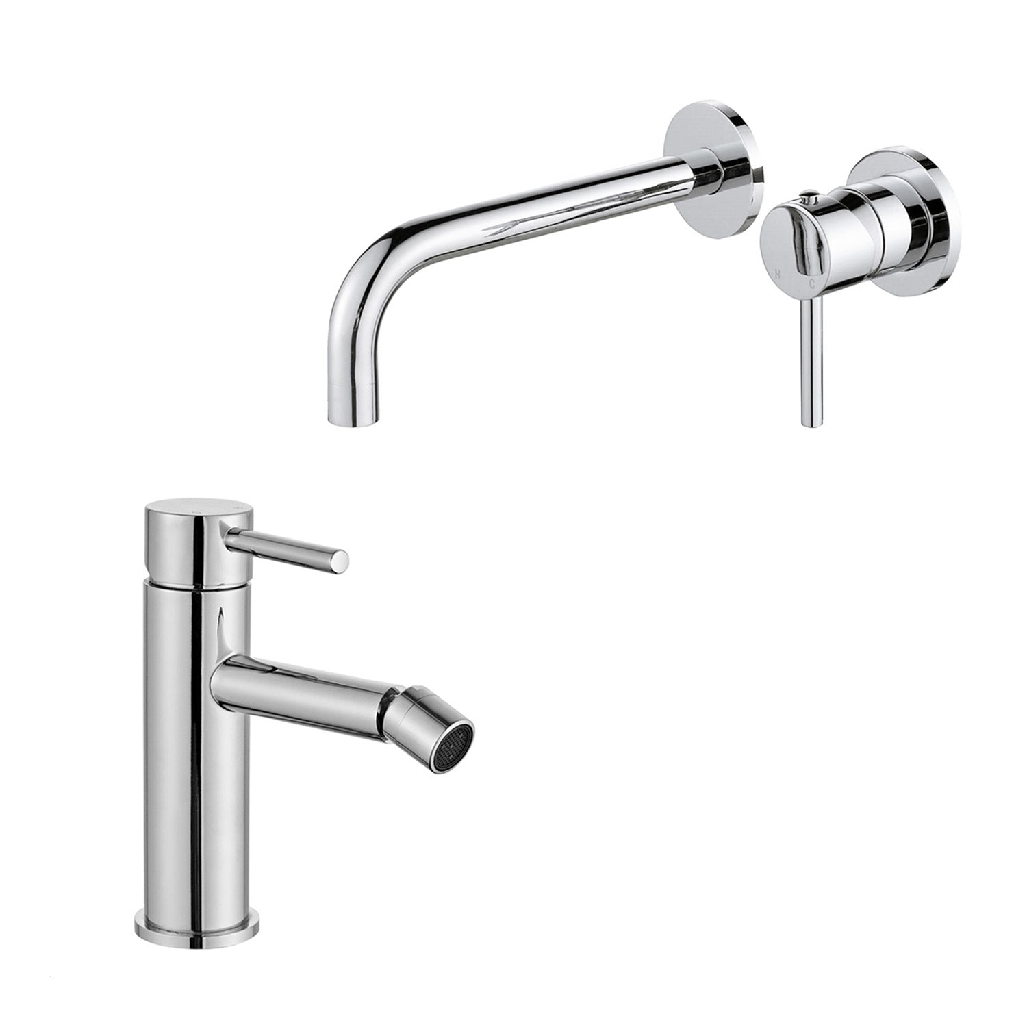 Coppia di miscelatori per lavabo incasso e bidet serie Moon in ottone cromato