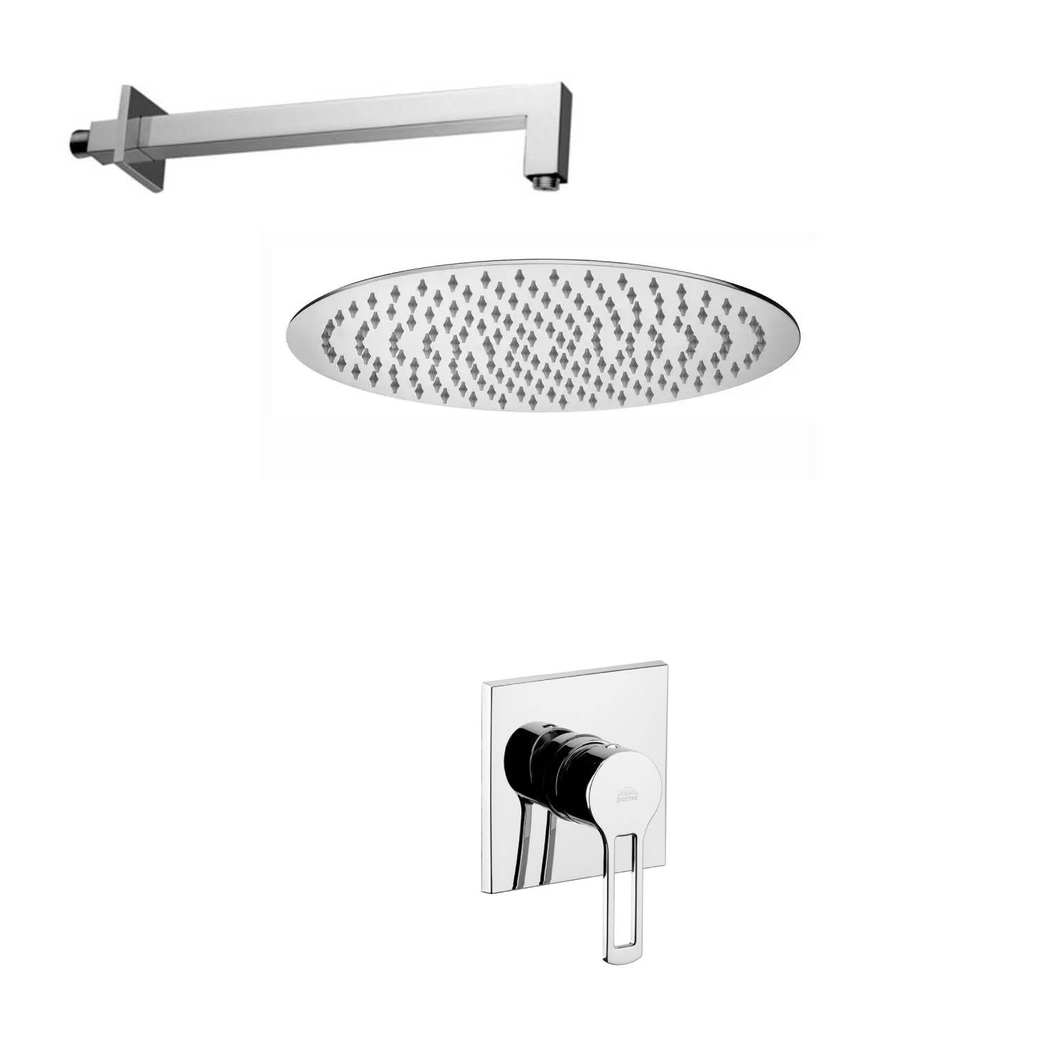 Set soffione tondo con diametro 300mm con braccio doccia quadrato e miscelatore incasso Ringo Cromo Paffoni