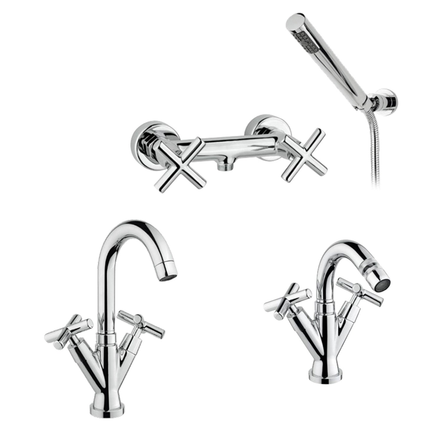 Kit miscelatori lavabo+bidet+doccia in ottone cromato collezione Sirio Keller Taps - rubinetti lavabo e bidet collo alto