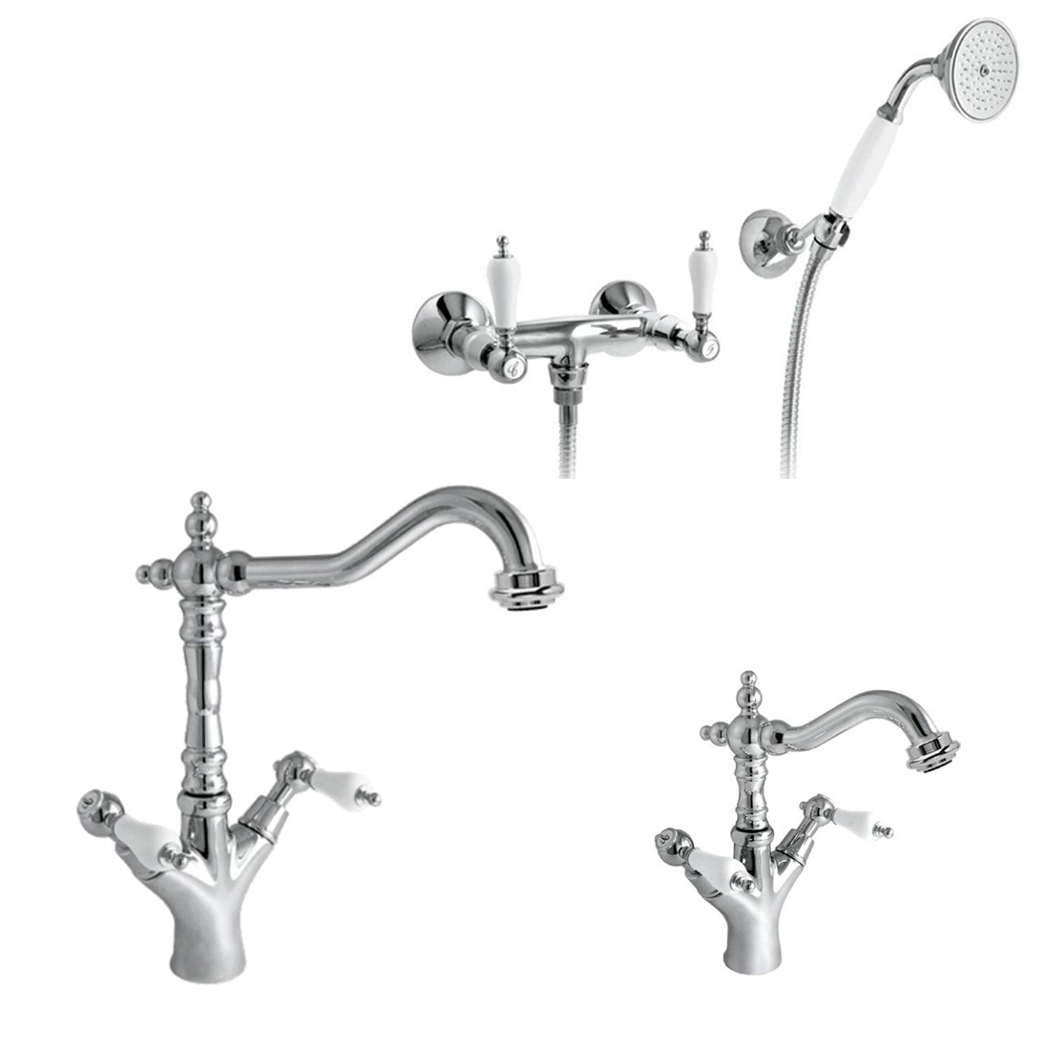 Kit miscelatori lavabo+bidet+doccia in ottone cromato e manici bianchi collezione King Keller Taps