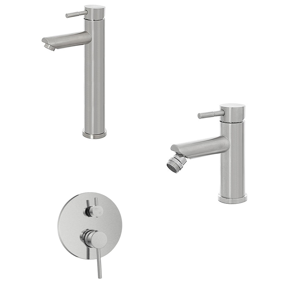 Kit miscelatore lavabo alto + bidet + doccia a due vie RubiFlux serie Paris Modello Gris con piletta clic-clac in acciaio inox - Spazzolato