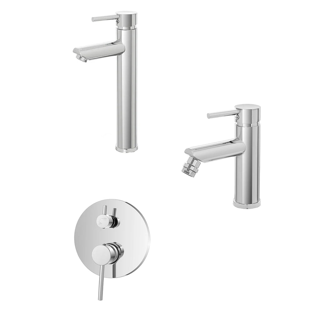 Kit miscelatore lavabo alto + bidet + doccia a due vie RubiFlux serie Paris Modello Brillant in acciaio inox