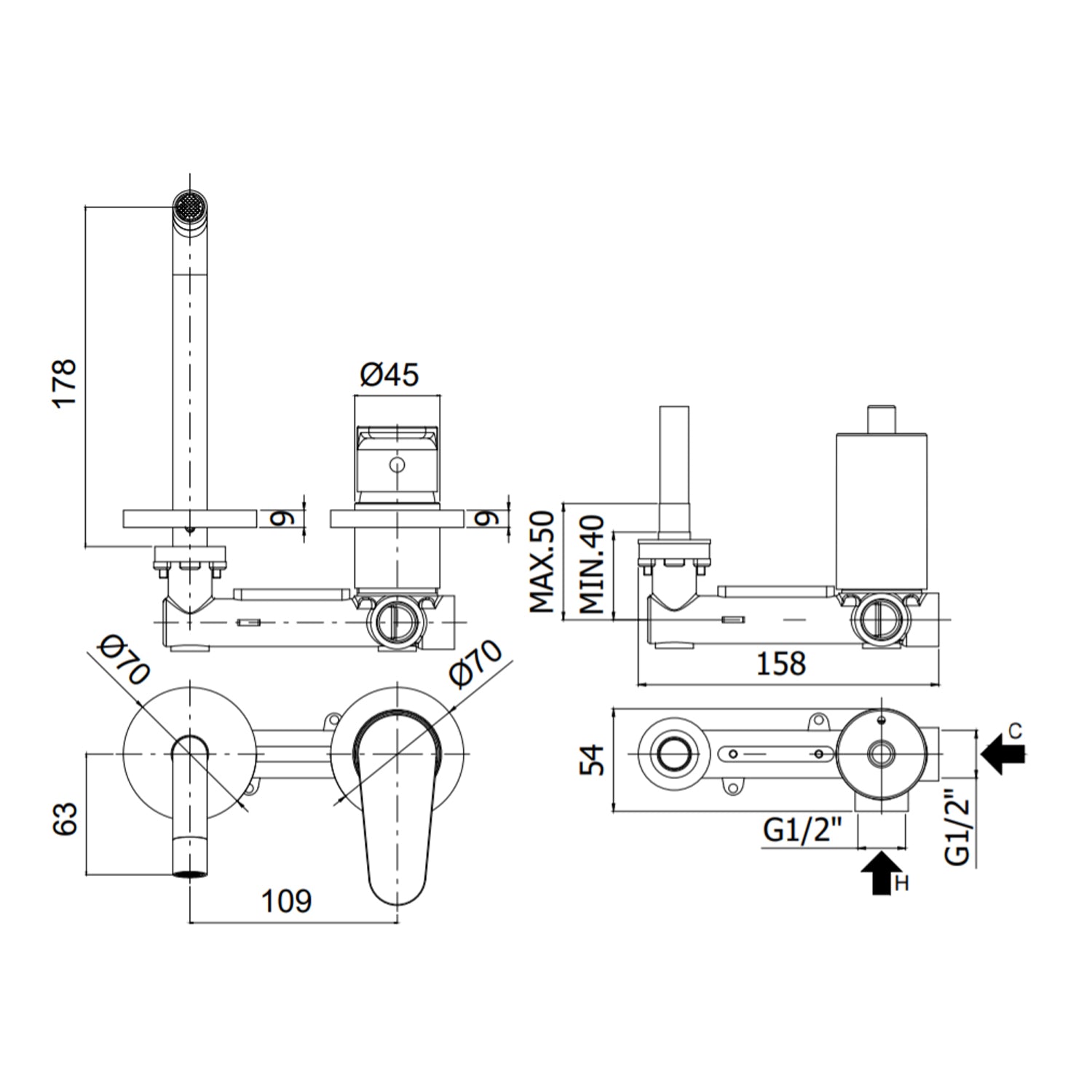 Miscelatore incasso lavabo completo di: piastre in ottone 70mm attacchi 1/2â€G