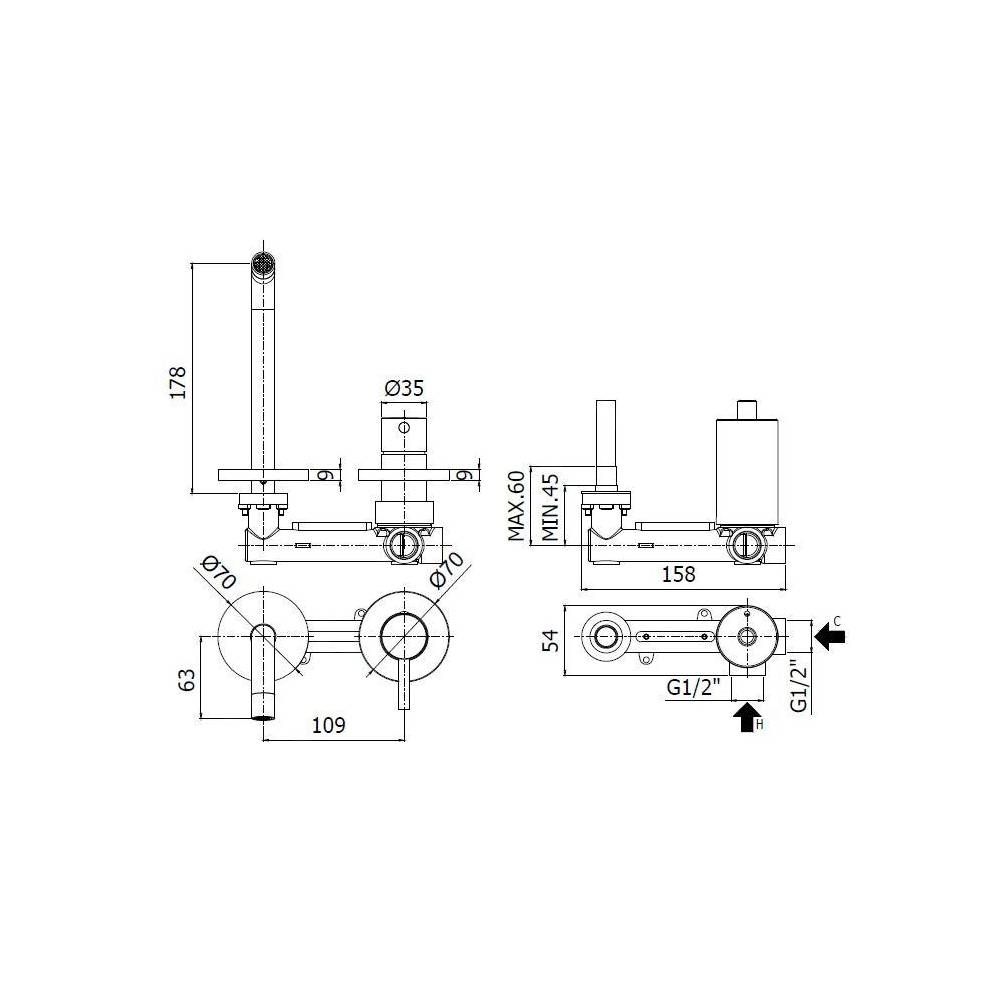Miscelatore ad incasso per lavabo a 2 fori serie Light modello LIG105ST70 Steel looking Paffoni