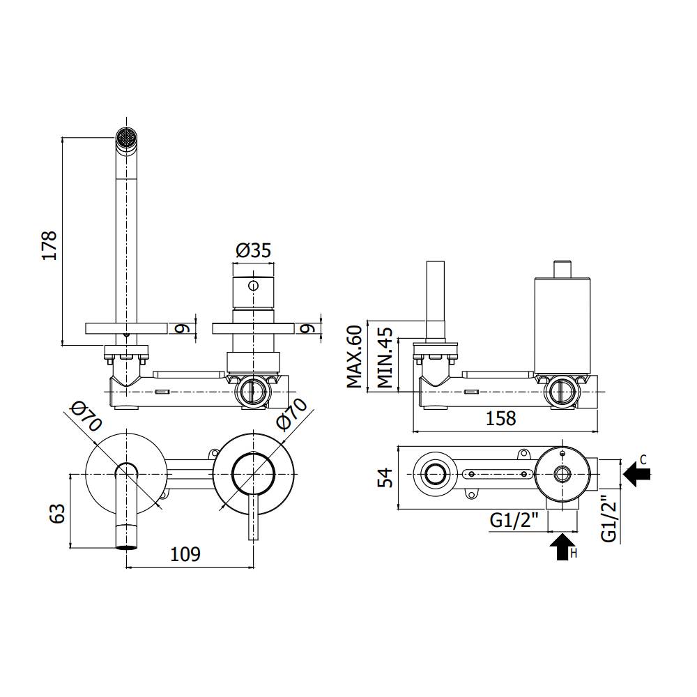 Miscelatore ad incasso per lavabo a 2 fori serie Light modello LIG106CR70 Cromo Paffoni