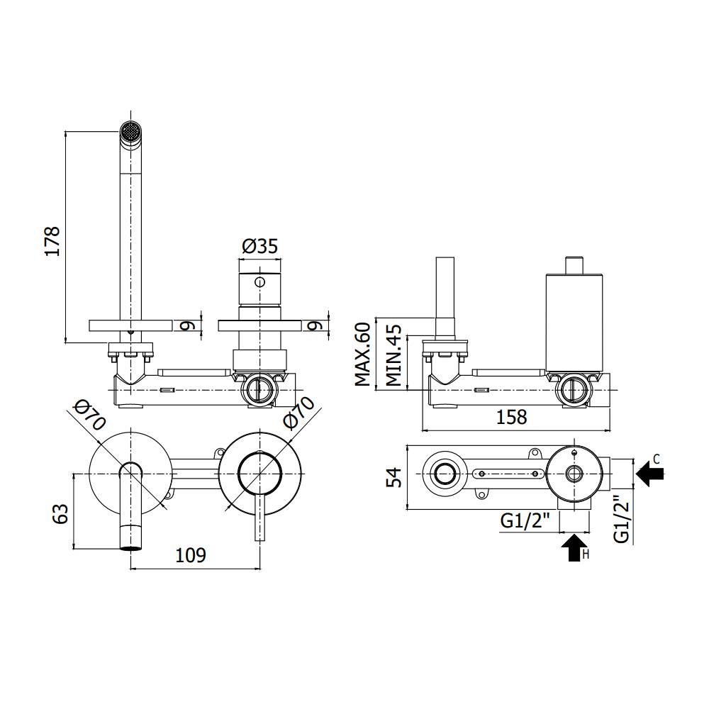 Miscelatore ad incasso per lavabo a 2 fori serie Light modello LIG106ST70 Steel looking Paffoni