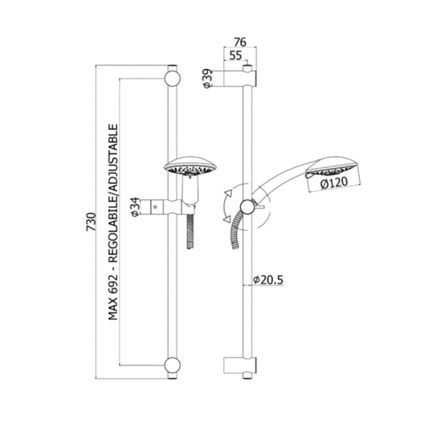 Saliscendi Prestige con flessibile PVC in argento l. 1500 mm Paffoni - Cromato