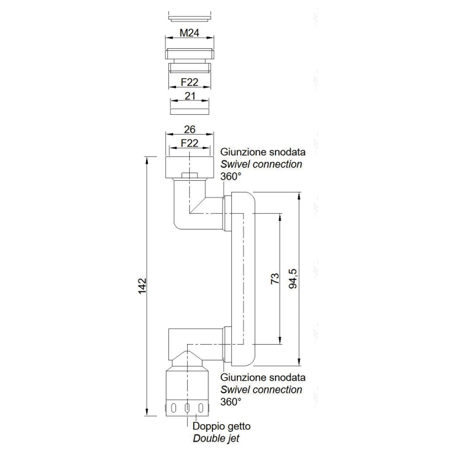 Prolunga aeratore multi snodato MF F22/M24 RubiFlux in ABS - 142 mm