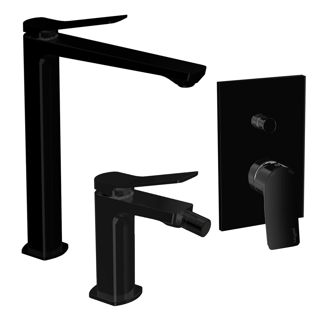 Set miscelatori lavabo alto bidet e doccia con deviatore  in ottone modello Tilt Paffoni Nero Opaco