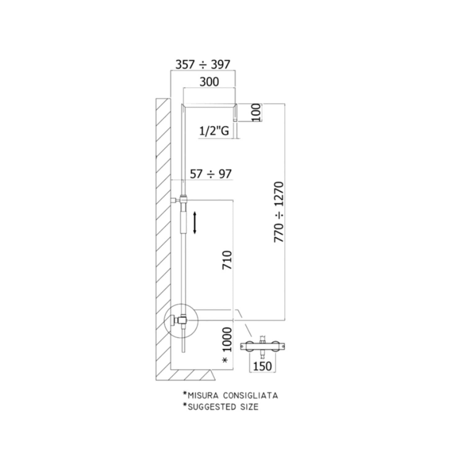 Supporto Regolabile per colonna doccia Paffoni con miscelatore  Termostatico LEQ269CR completo di flessibile PVC argento da 150 cm