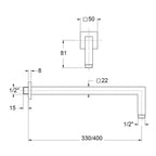 Braccio doccia squadrato in ottone 22x22x400mm