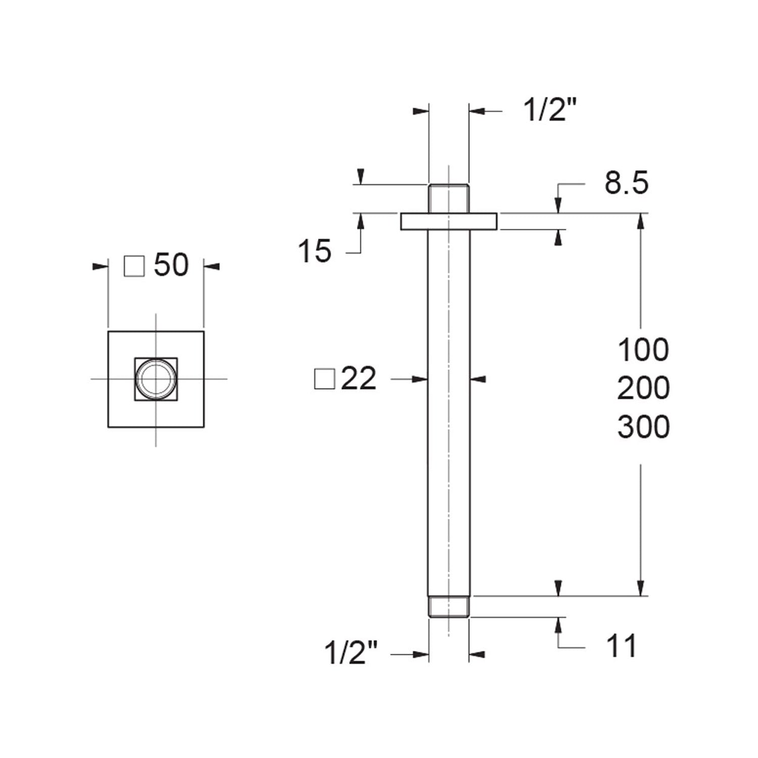 Braccio doccia a soffitto 22x22mm lunghezza 200mm
