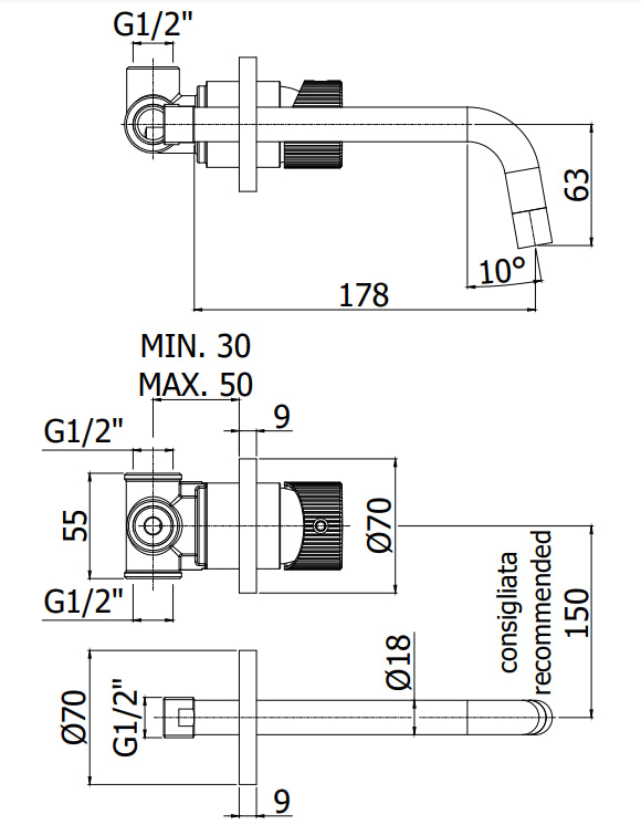 Miscelatore Lavabo modello JO007CR70 ad incasso con piastra con bocca 245 Mm Cromo