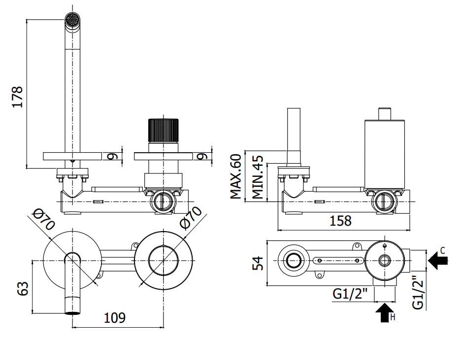 Miscelatore lavabo modello JO105CR70 incasso 2 fori 2 piastre e bocca mm 178 Cromo