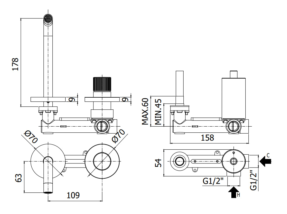Miscelatore lavabo modello JO106CR70 Paffoni incasso muro 2 fori 2 piastre bocca Mm 248 Cromo