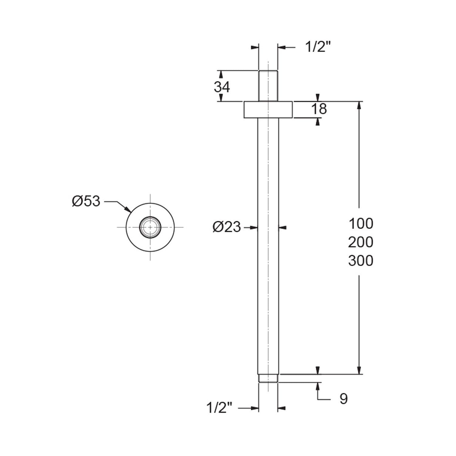 Braccio doccia a soffitto tondo 23mm x 100mm