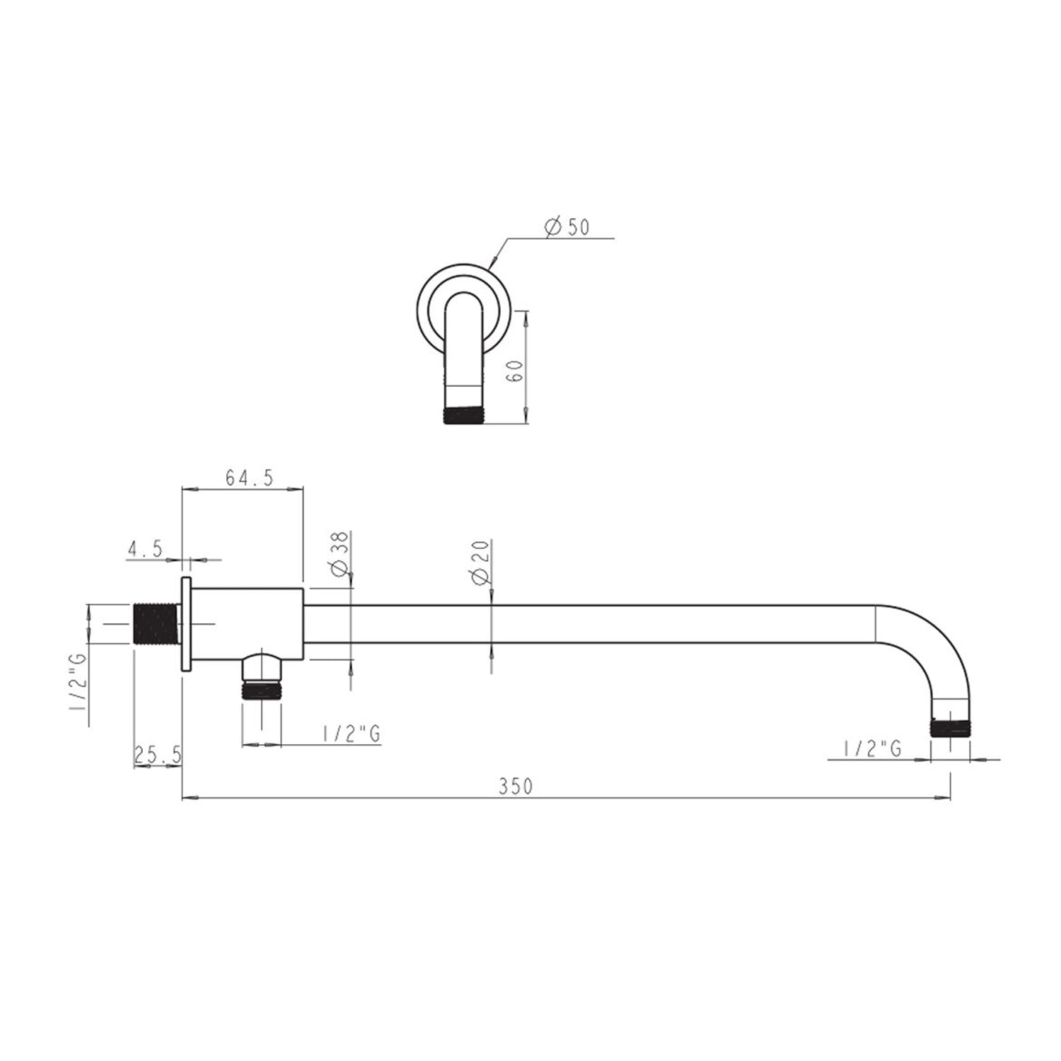 Braccio doccia diametro 20 mm con deviatore in ottone