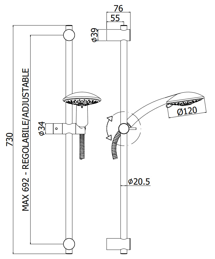 Kit saliscendi con asta per doccia con Miscelatore ad incasso e presa d'acqua tonda