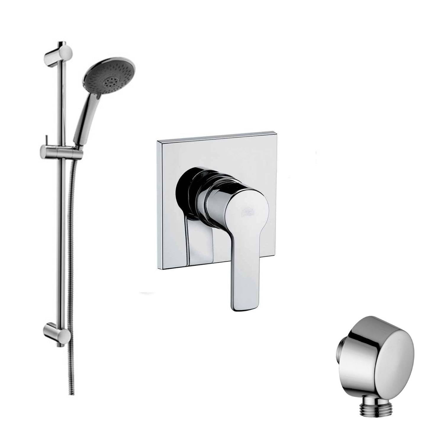 Set saliscendi con asta per doccia con miscelatore incasso Red in ottone cromato e presa d'acqua tonda a muro Paffoni