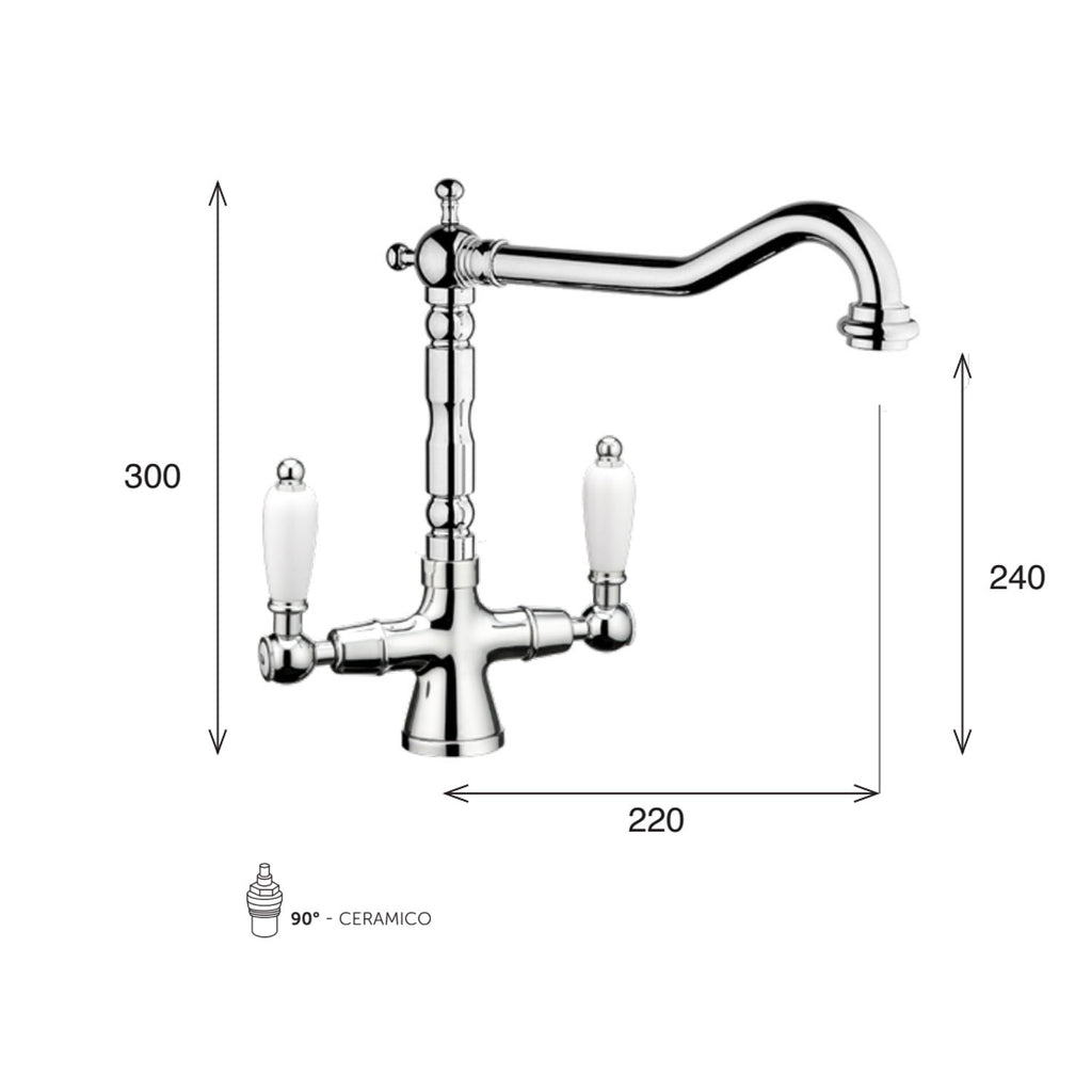 Miscelatore cucina bocca antica in ottone cromato con manici bianchi modello King Keller taps