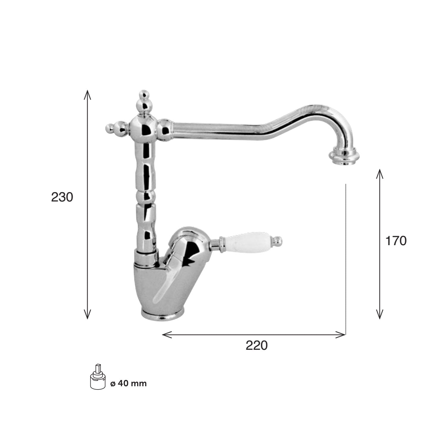 Miscelatore cucina dalla bocca antica in ottone cromato modello Anya Keller taps