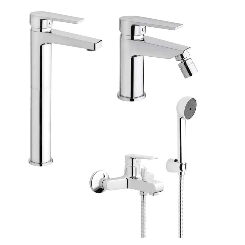 Set di rubinetti da bagno Lavabo Alto e Bidet con scarico e Vasca con doccetta finitura  cromata collezione LOGOS+ di Mamoli Rubinetterie
