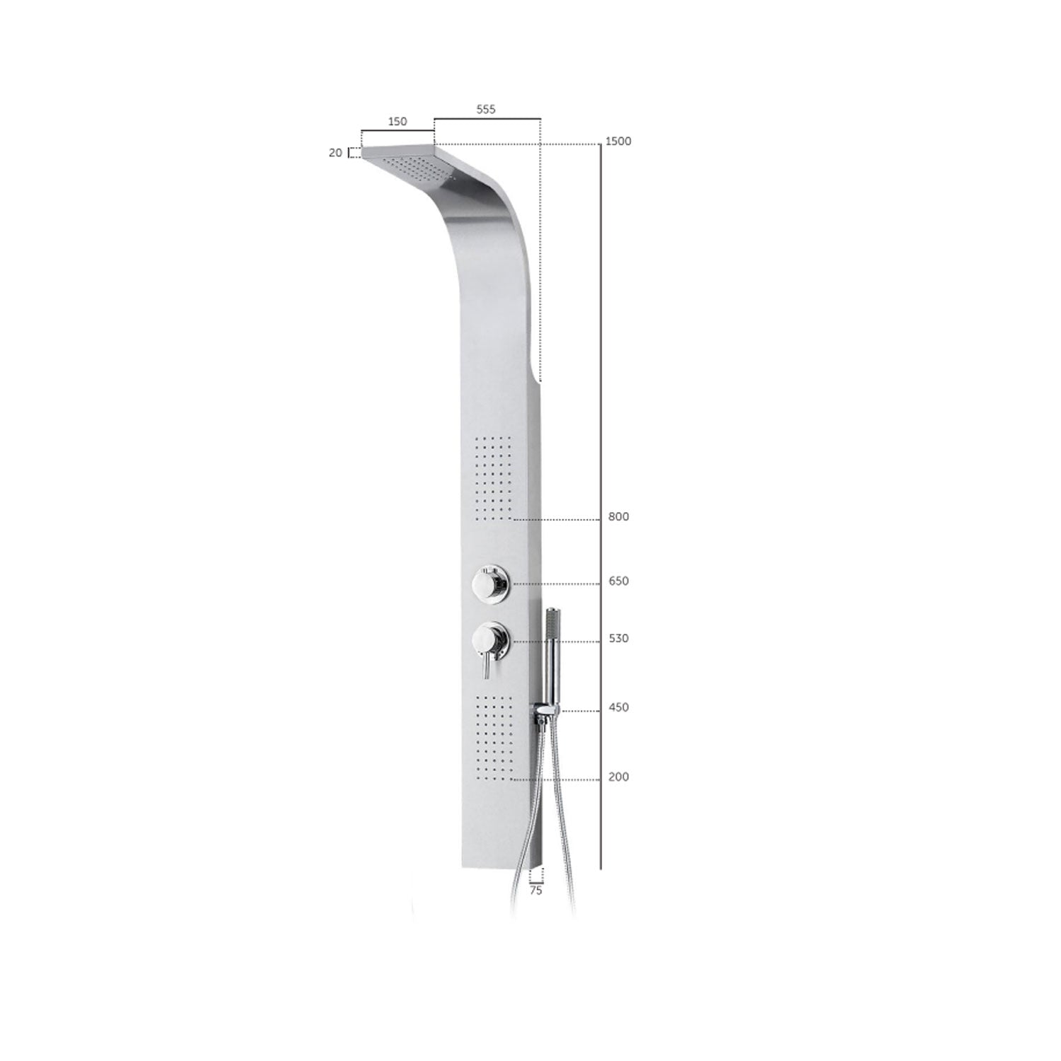 Colonna doccia in acciaio inox lucido con soffione a pioggia e soffioni laterali Keller Taps