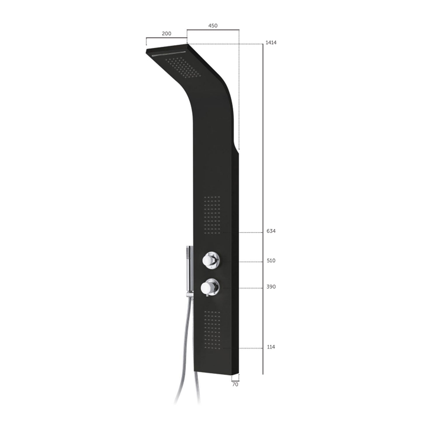 Colonna doccia in alluminio nero opaco con soffioni e getto a cascata Keller Taps