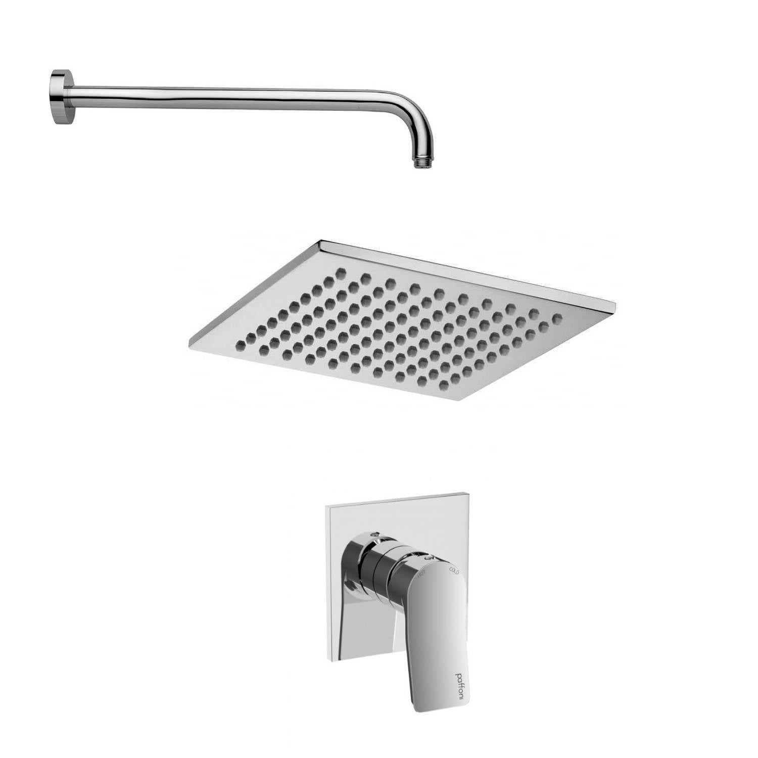 Set soffione doccia anticalcare quadrato con braccio tondo e miscelatore incasso doccia Tilt Cromo Paffoni