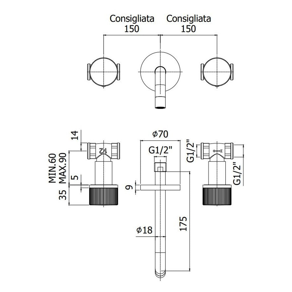 Miscelatore lavabo a muro con bocca cm 24