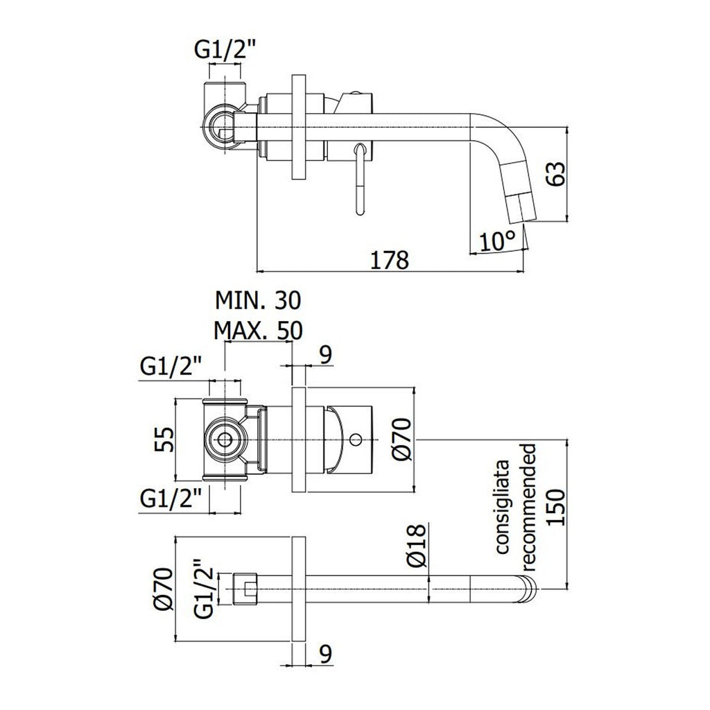 Miscelatore lavabo incasso con bocca cm 24