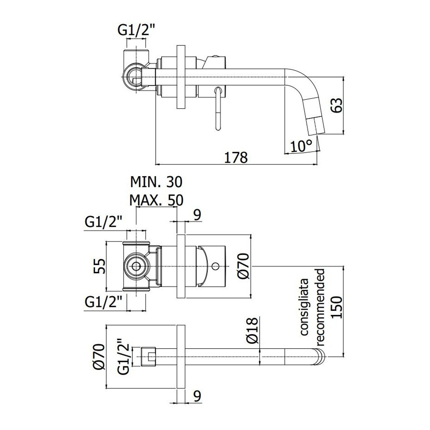 Miscelatore lavabo incasso con bocca cm 24