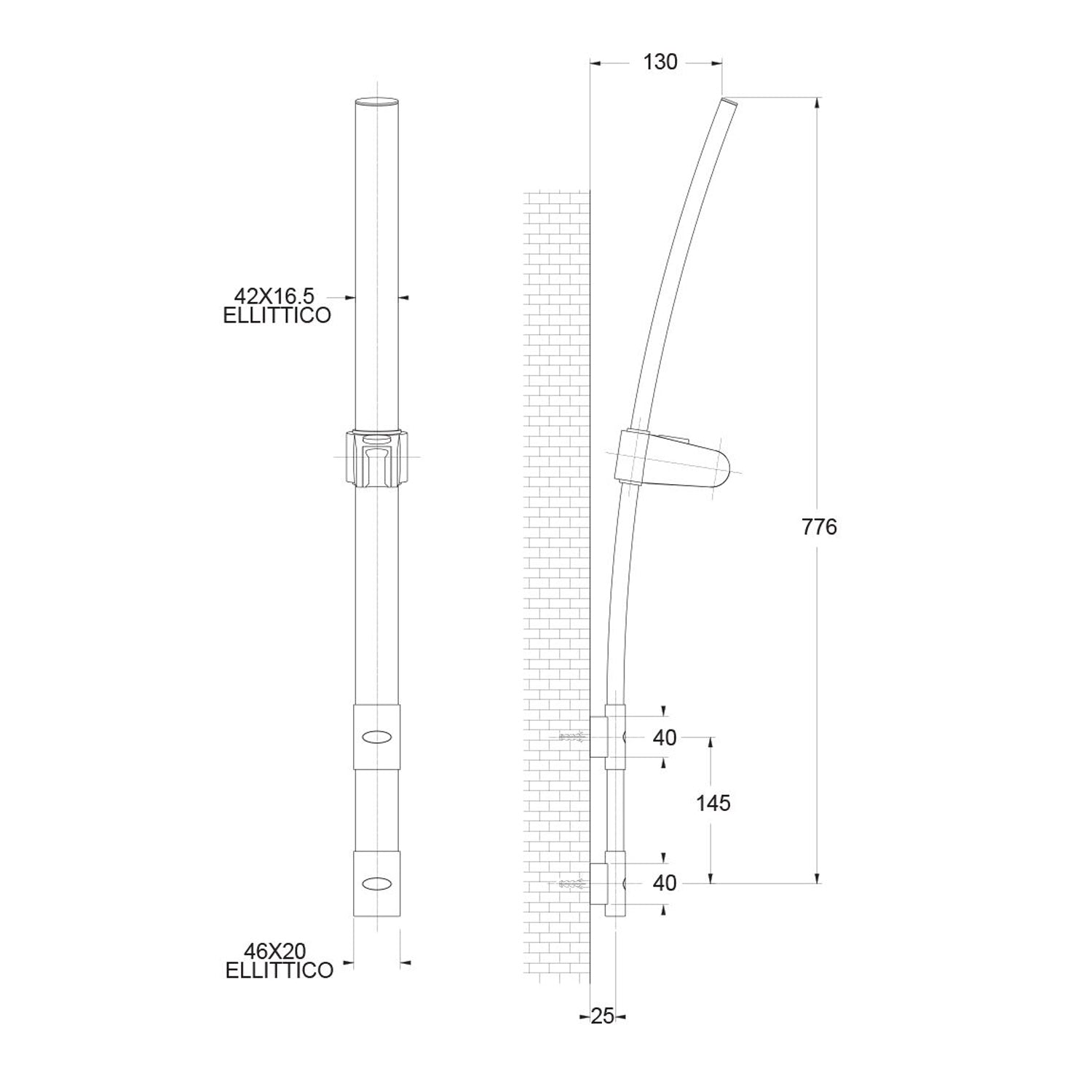 Saliscendi Venus con asta ovale h80cm con doccia Tennis e portasapone