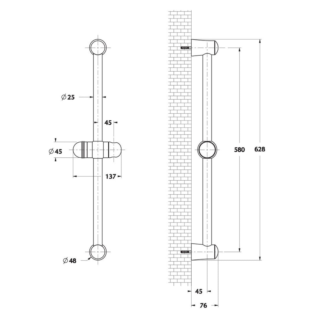 Saliscendi Rillo in acciaio 25mm con doccia Iris 3 e portasapone