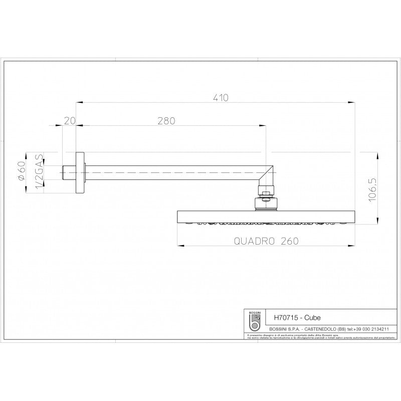 Soffione doccia quadrato Bossini CUBE 26x26 cm completo di braccio
