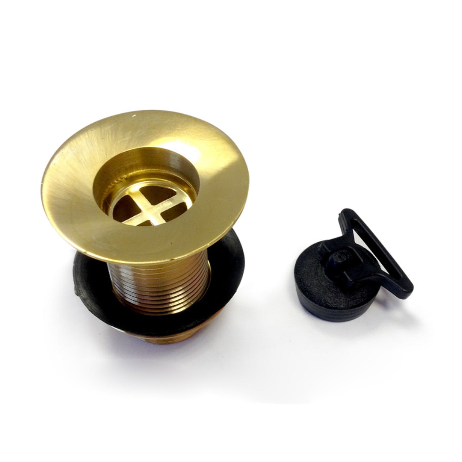 Piletta in ottone dorato da 1'' con tappo in pvc nero con catenella