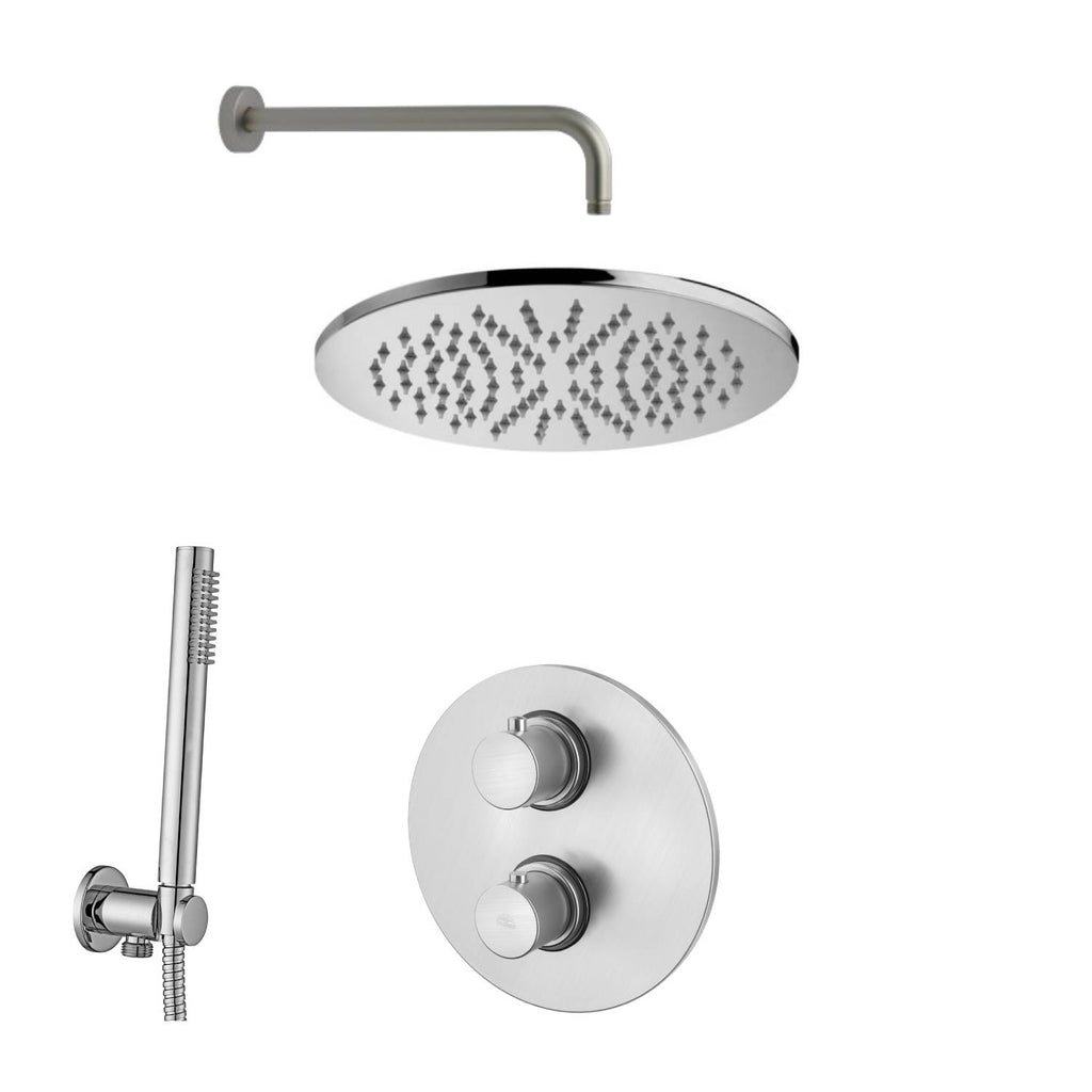 Set soffione doccia con braccio tondo e miscelatore termostatico con set duplex doccia Satinato Paffoni