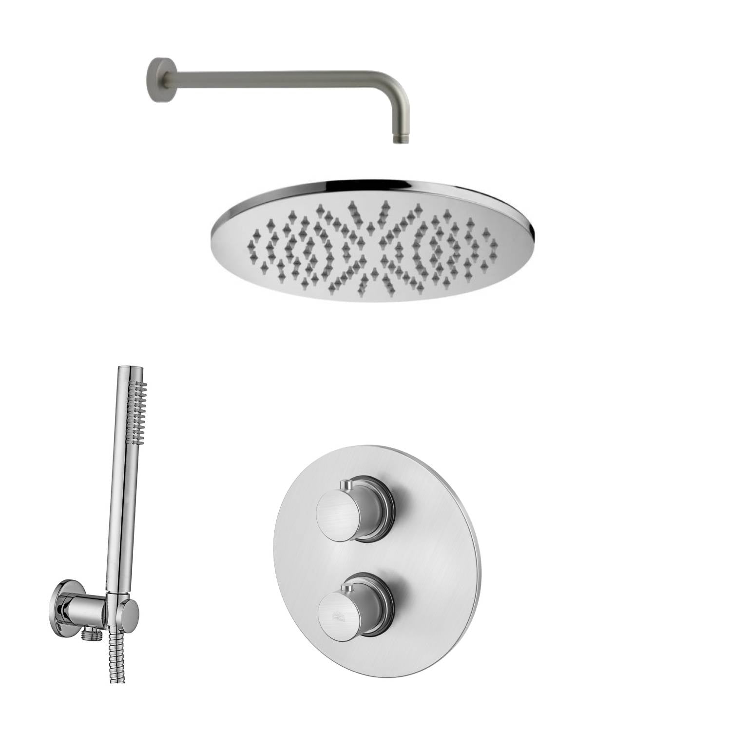 Set soffione doccia con braccio tondo e miscelatore termostatico con set duplex doccia Satinato Paffoni