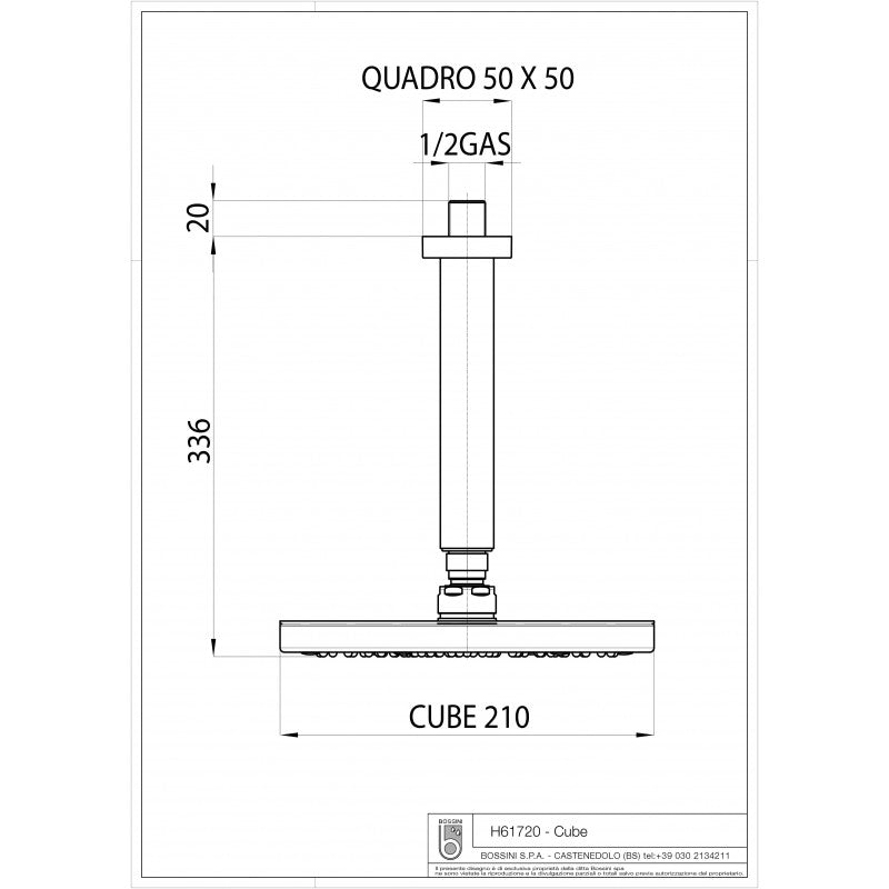 Soffione doccia Bossini Cube 21x21 cm con braccio verticale da 30 cm