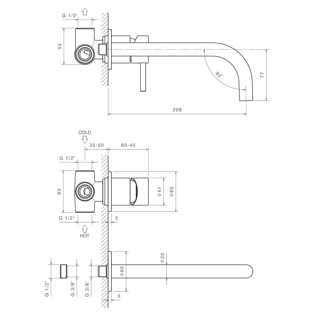Miscelatore monocomando per lavabo a parete in acciaio Inox Satinato senza scarico collezione Nilo di Tubico