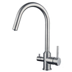Miscelatore lavello cucina a tre vie con canna a ponte in acciaio inox satinato