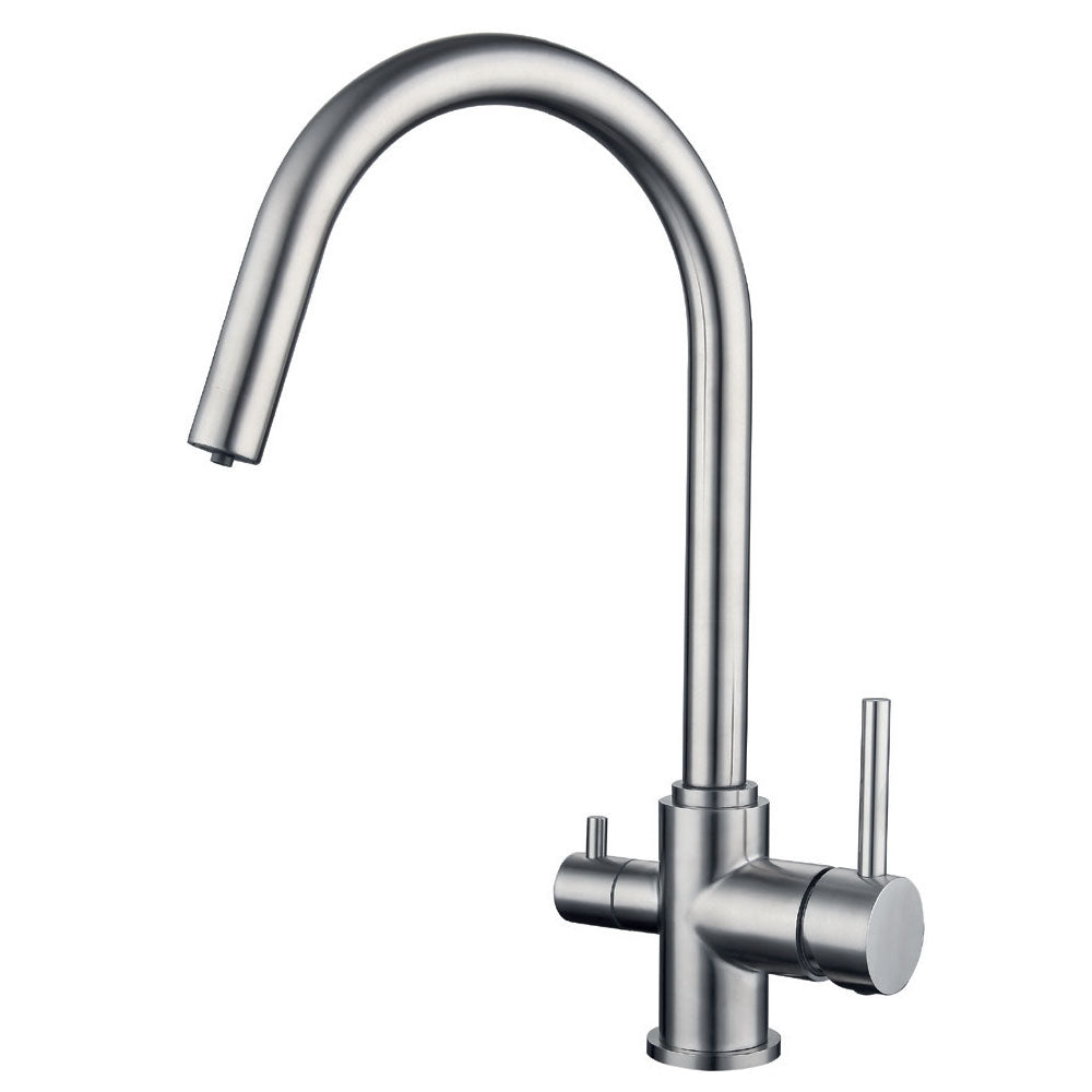 Miscelatore lavello cucina a tre vie con canna a ponte in acciaio inox satinato