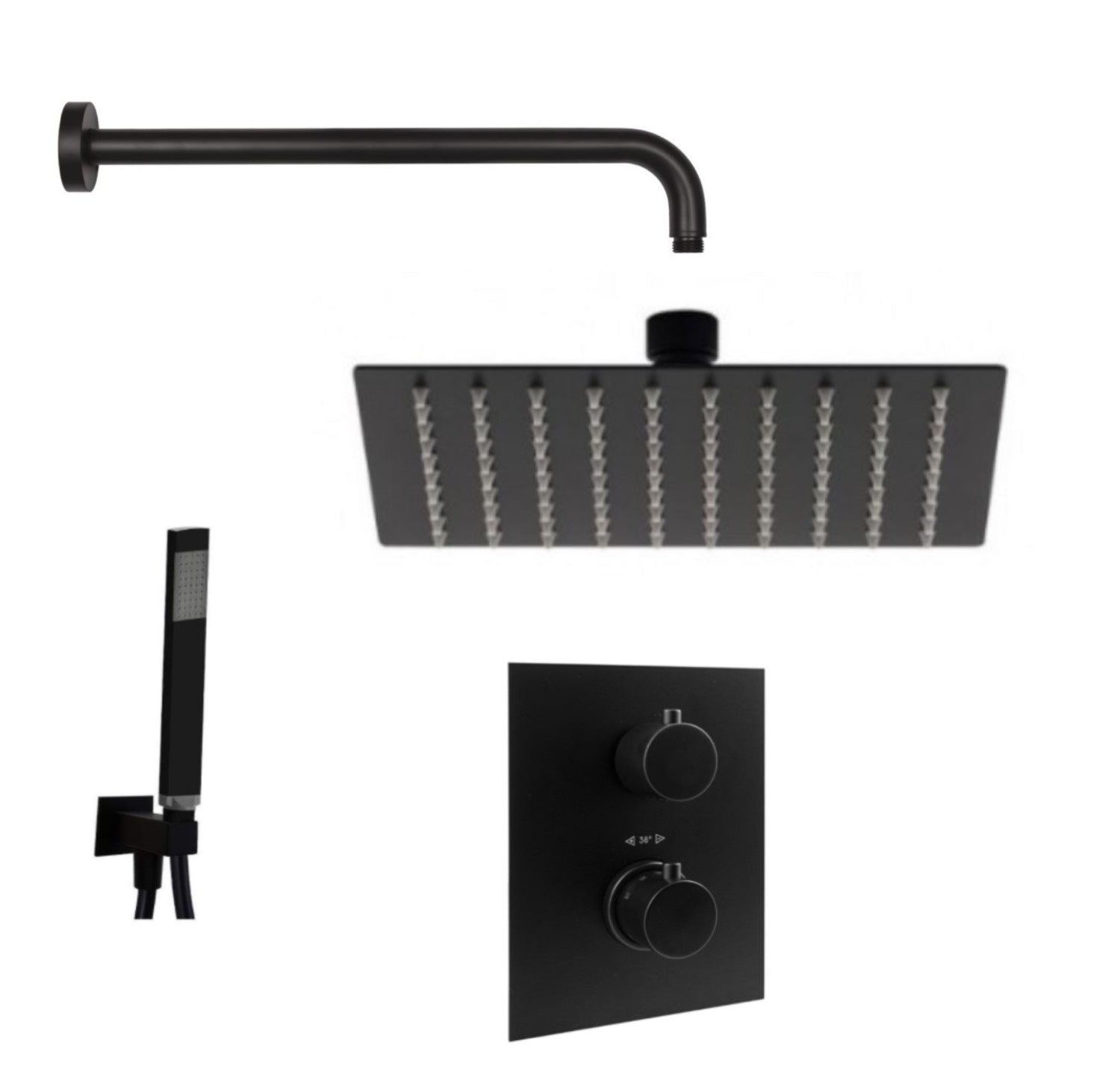 Set soffione doccia con braccio tondo e miscelatore con set doccia quadro in nero opaco Paffoni