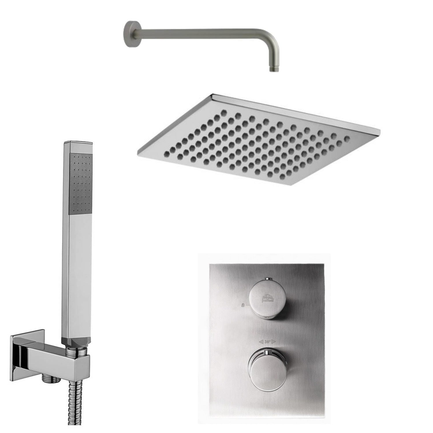 Set Soffione doccia Level e doccia tonda con miscelatore termostato e set duplex doccia in acciaio spazzolato Paffoni