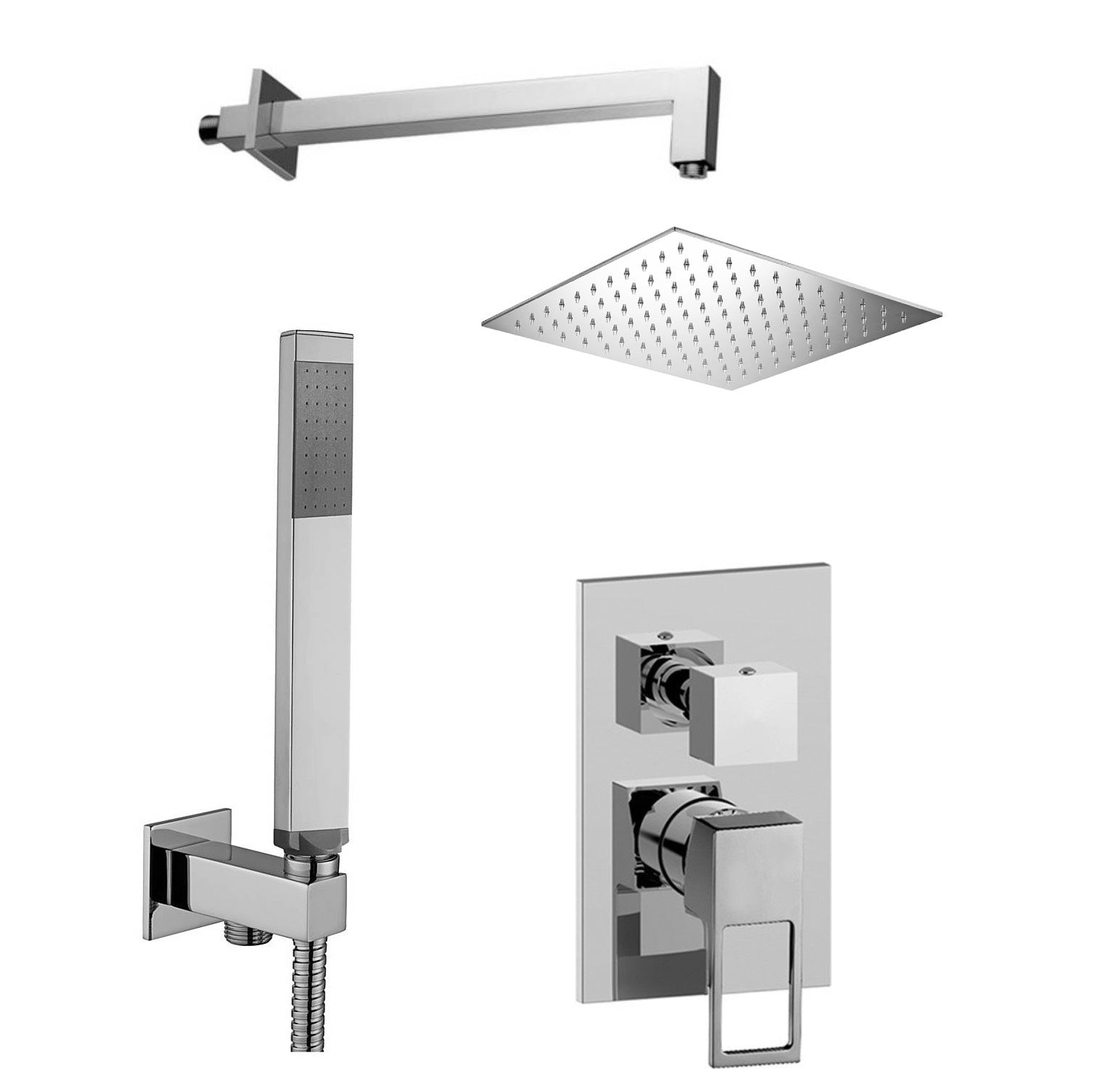 Set soffione doccia quadrato e braccio doccia quadrato con miscelatore incasso Effe e set duplex doccia Cromo Paffoni