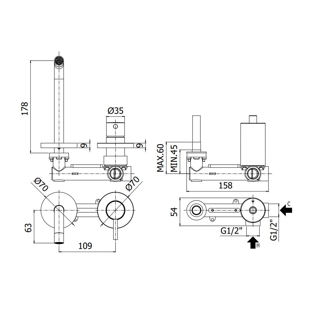 Miscelatore lavabo ad incasso serie Birillo modello BI105CR70 cromato Paffoni
