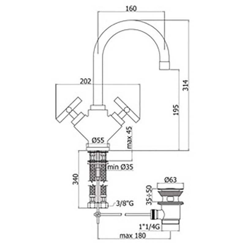 Miscelatore lavabo Paffoni Quattro con scarico e doppia maniglia a croce