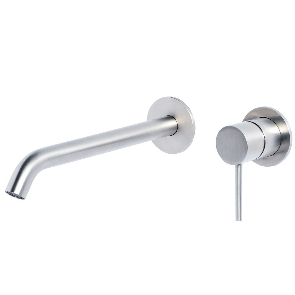 Rubinetto miscelatore Lavabo a Parete con canna lunga 20 cm in acciaio inox 316L Finitura Spazzolata senza scarico Tubico Tevere