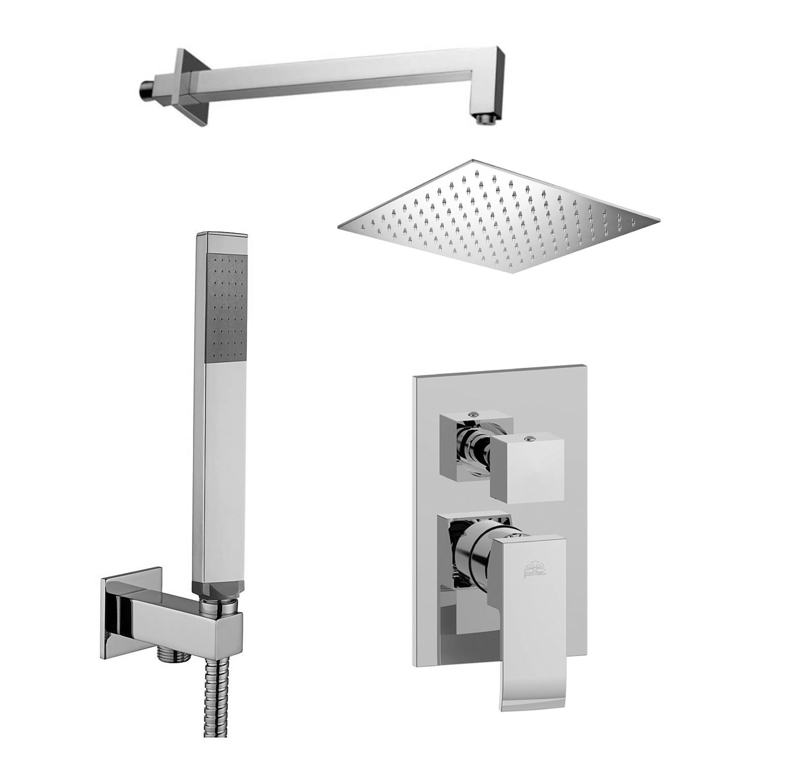 Set soffione doccia quadrato e braccio doccia quadrato con miscelatore incasso Level e set duplex doccia Cromo Paffoni