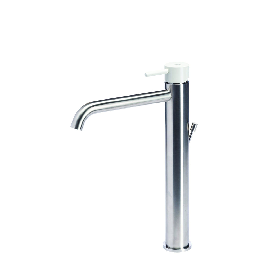 Rubinetto miscelatore Lavabo Alto con scarico  in acciaio inox Finitura Spazzolata con Maniglia color Perla  Tubico Colorado